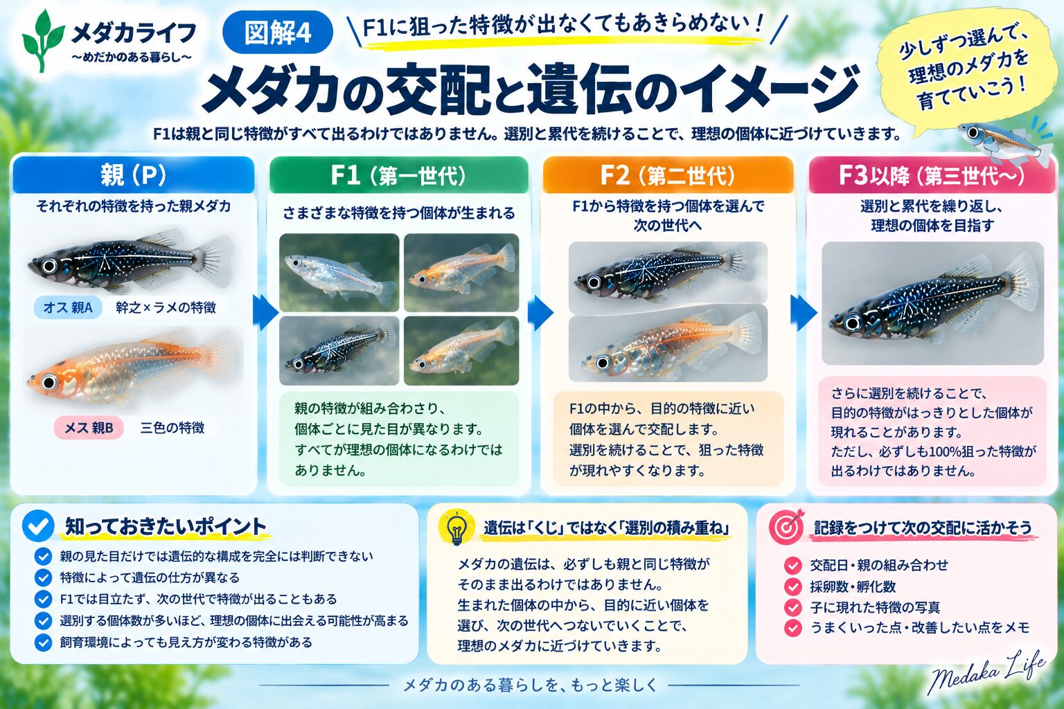 メダカの交配で狙った特徴がF1に出なくても選別と累代を続ける考え方