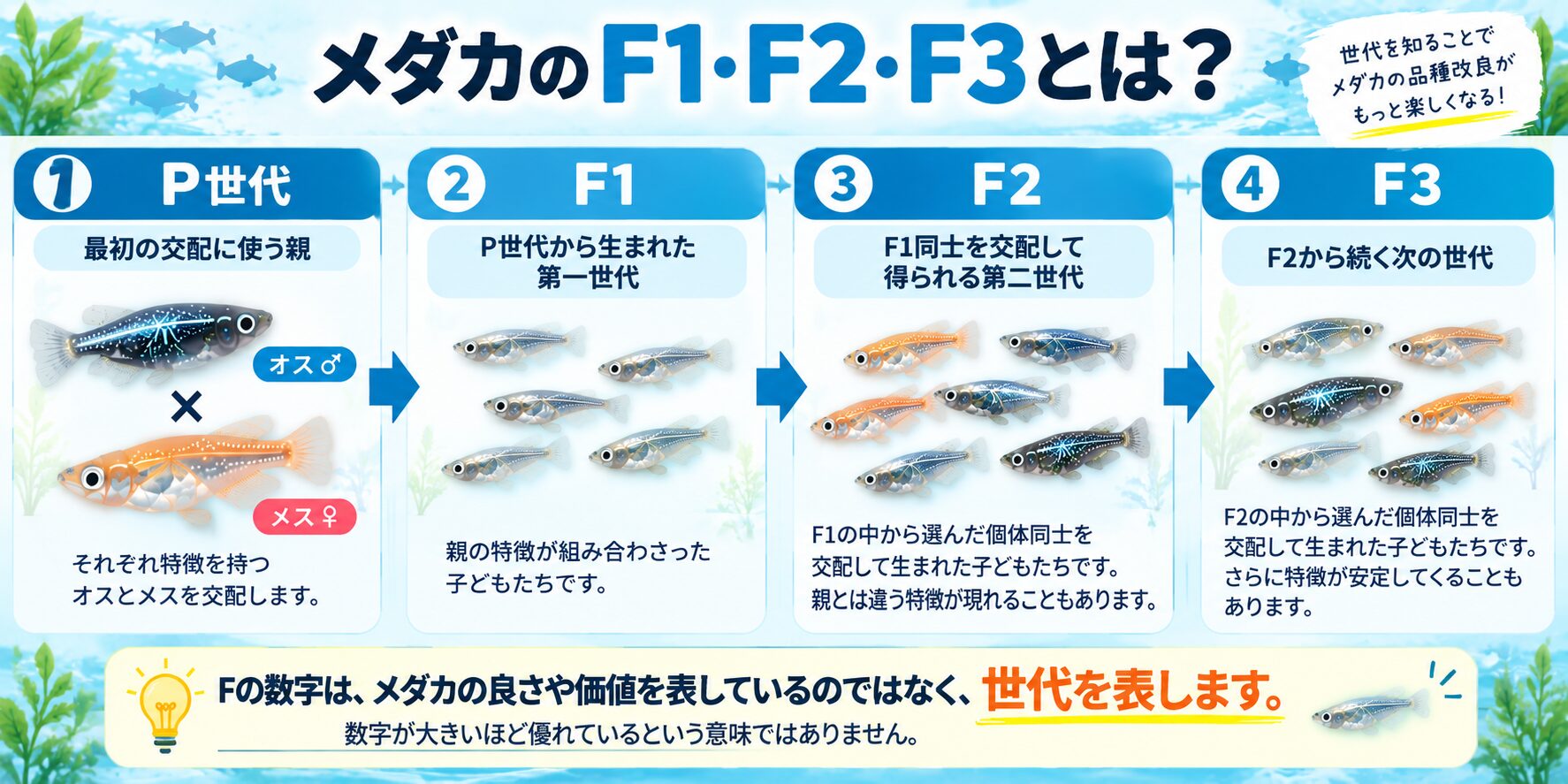 メダカのP世代からF1・F2・F3へ世代が進む流れを示した図