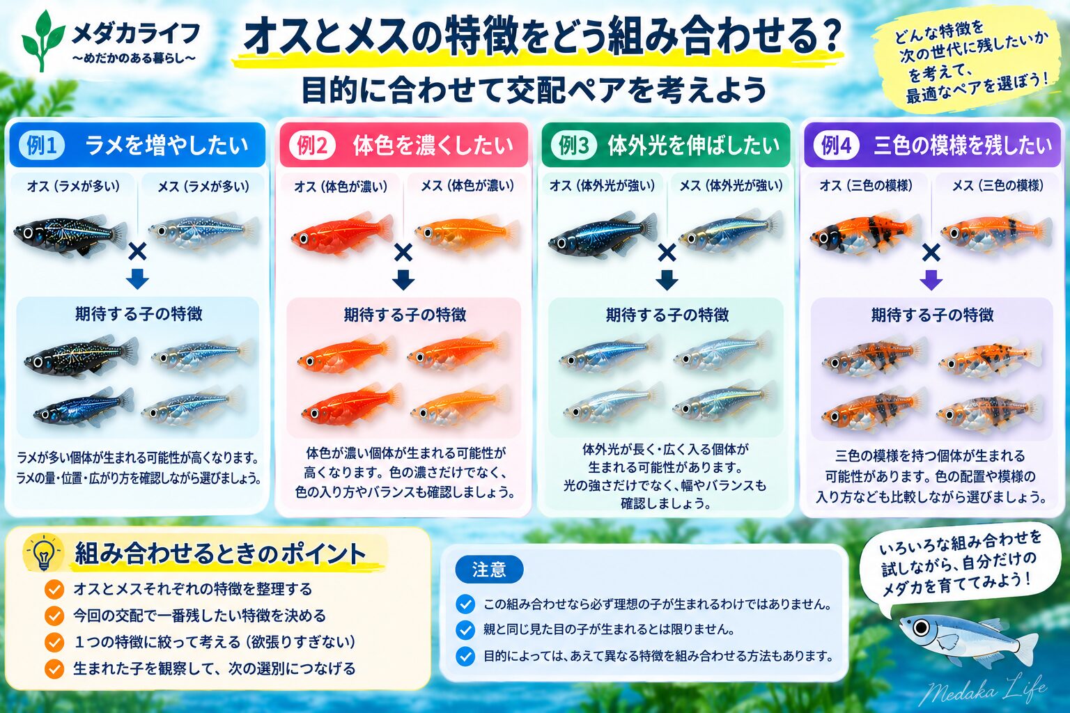 メダカの1対1交配と複数匹交配の違いを比較した図