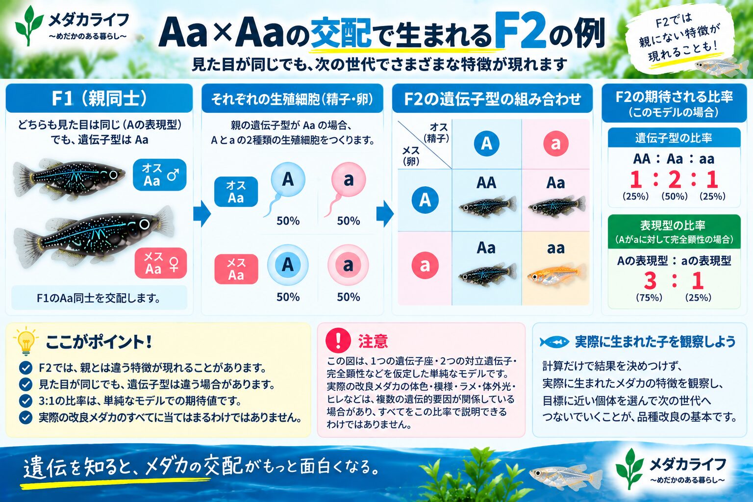 Aa同士を交配したときのF2でAA・Aa・aaが現れる単純な遺伝モデル