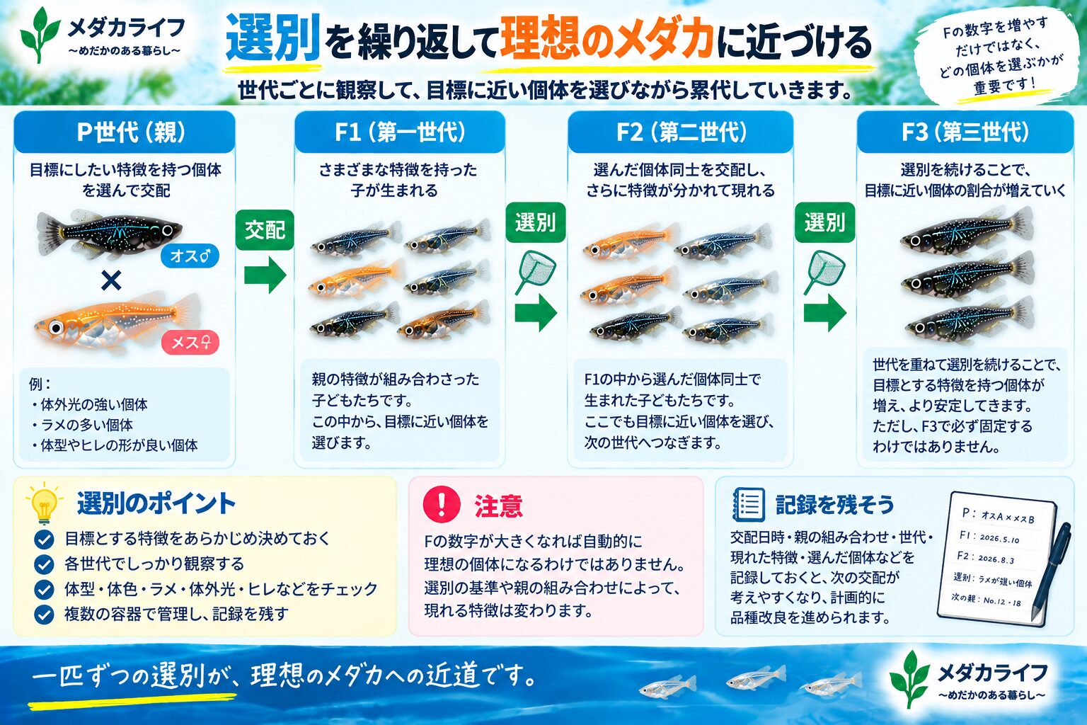 メダカのF1・F2・F3で観察と選別を繰り返しながら累代する流れを示した図