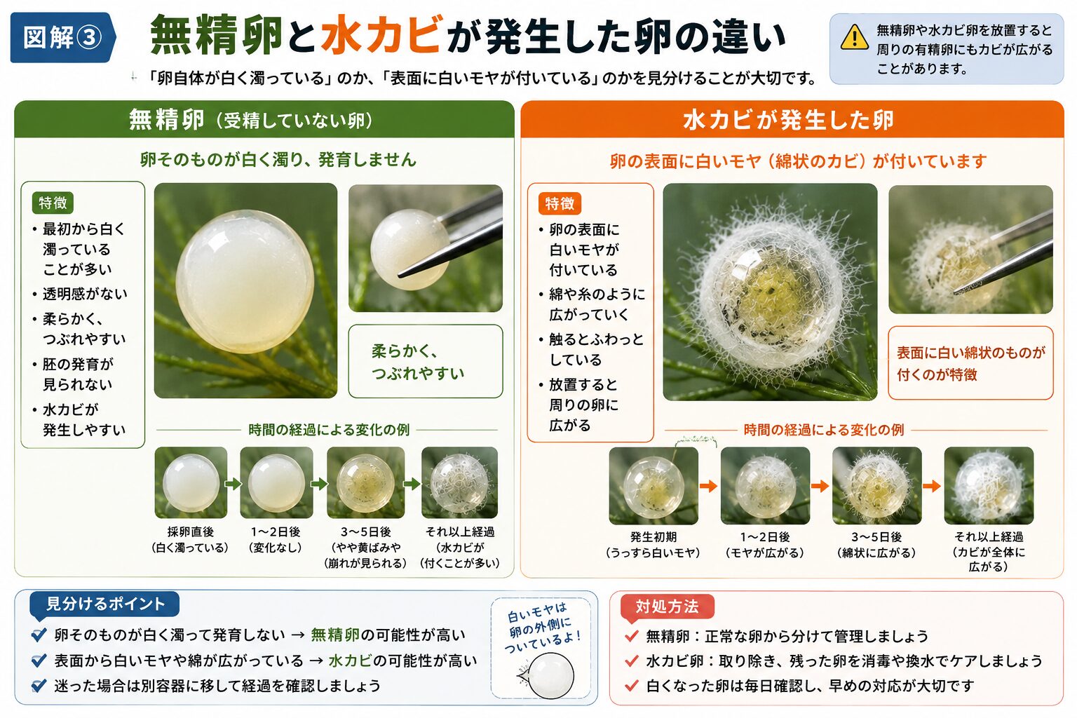 メダカの無精卵と水カビが発生した卵の違いを比較した図解